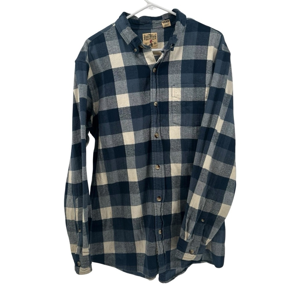 Redhead Brand Co Men Blue White Plaid Flannel Button Up Shirt XL Long Sleeve